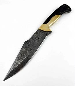Handcrafted Damascus Steel Outdoor Field Utility Tool <b>Polished</b> <b>Black</b> Horn Handle Extended Brass Bolster - Product Image 4