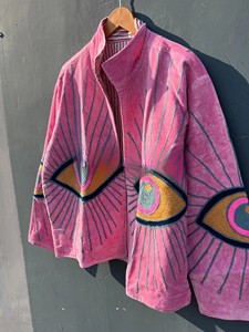 New Arrival Handcrafted Pink Velvet <b>Jacket</b> with Mystical Evil Eye Hand Embroidery and Striking Radiating Coat For Women - Product Image 3