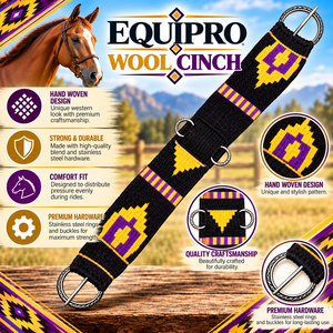 EQUIPRO Sangle de Harnais en Cuir et Laine pour Cheval, Motif Géométrique Noir, Violet, Jaune, Anneaux Métalliques Ajustables, Personnalisable - Product Image 2