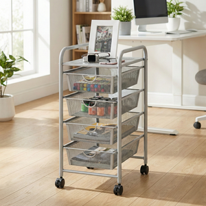 Chariot utilitaire à roulettes en maille à 4 niveaux MIT Taiwan, conteneur à roulettes, plateforme en métal avec revêtement en poudre, à quatre roues pour le stockage - Product Image 1