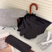 Parapluie compact pliable en 3 sections, avec poignée en bois courbée rétro, protection UPF50, double usage soleil/pluie, 8 baleines, revêtement noir, pour femme, marque OEM