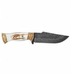 Couteau utilitaire d'extérieur en acier Damas artisanal, manche en bois de cerf, lame fixe - Product Image 4