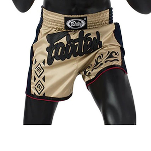 กางเกงมวยไทย Fairtex รุ่นพรีเมียม ผ้าซาติน สีเบจ-น้ำเงินกรมท่า ด้านข้างเป็นผ้าตาข่าย เอวยางยืด ระบายอากาศได้ดี ยืดหยุ่น น้ำหนักเบา - Product Image 4