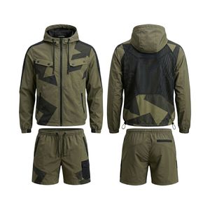 Breathable Sublimation Printing Windbreaker Olive Dark Green Geometric <b>Camo</b> Pattern Hooded <b>Jacket</b> And Shorts Sets - Product Image 1