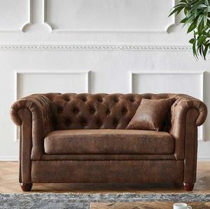 Sofá Chesterfield Premium de Dos Plazas en Cuero Genuino Marrón Vintage, Ecológico, en Forma de L, Tapizado con Botones, Madera - Product Image 1