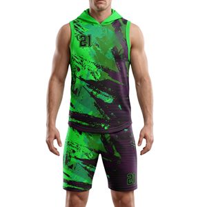 Polyester Spandex Men 7v7 Jerseys Sleeveless Hooded Shirt Athletic Shorts Set Quick Dry Breathable Football Training Kits - Product Image 4