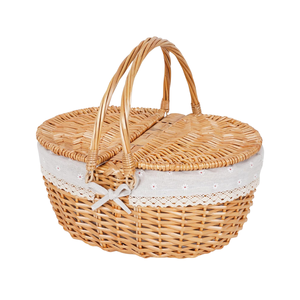 Grand panier de pique-nique en rotin tressé à la main, écologique, avec couvercle et doubles poignées, doublure en tissu amovible, design flexible - Product Image 1