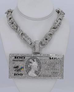 Collier pendentif billet de 100 dollars, plaqué or, chaîne cubaine en argent 925, moissanite certifiée IGI, bijoux hip-hop pour homme - Product Image 1