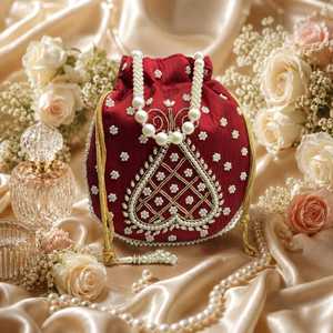 Handmade Red Silk Potli <b>Bag</b> With Pearl Embroidery Round Shape Drawstring Purse <b>For</b> Wedding Party Festive Wear <b>Needle</b> Work - Product Image 3
