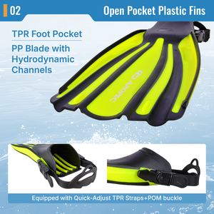 Palmes de plongée en plastique à poche ouverte réglables - Équipement léger et confortable pour sports nautiques, plongée et natation OEM/ODM - Product Image 3