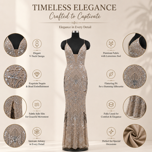 Luxury Women's Beaded <b>Sequin</b> Evening Dress Deep V Neck Mermaid Maxi Gown Elegant Wedding Cocktail Prom Party Formal Dress - Product Image 5