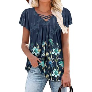 2025 Top de túnica elegante bohemio azul menta XL para mujer con cuello en V favorecedor y mallas camisa de manga corta - Product Image 4