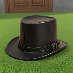 Concevez votre propre chapeau haut-de-forme en cuir noir artisanal, style steampunk victorien, cosplay gothique, avec boucle. - Product Image 1