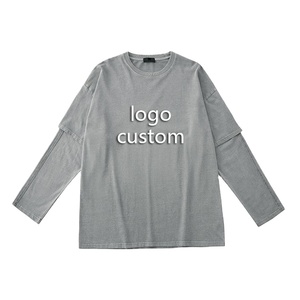 โลโก้ที่กําหนดเองผ้าฝ้ายสองชั้นผู้ชายแขนยาวเสื้อยืดคุณภาพสูง Hip Hop ที่กําหนดเองวินเทจล้างผู้ชายแขนยาวเสื้อยืด - Product Image 1