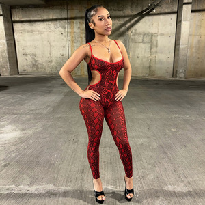 Combinaison moulante sans manches pour femme, imprimé serpent rouge, taille haute, coupe ajustée, transparente, sans couture, style club, longueur intégrale - Product Image 2