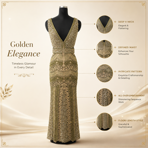 Robe de soirée de luxe dorée à perles pour femme, col en V profond, robe longue formelle, élégante, à sequins, pour soirée, cocktail, bal de promo, invitée de mariage - Product Image 5