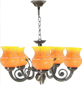 Lámpara de techo curva de bronce antiguo vibrante con múltiples brazos y pantallas de tulipán en naranja brillante, disponible a precios de mayorista. - Product Image 1