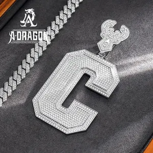 Pingente personalizado com letras C para meninos, pingente de prata esterlina 925 Moissanite com diamante e desenho personalizado