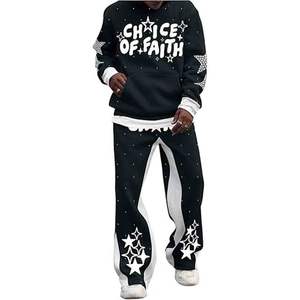 Ensemble de survêtement 2 pièces pour homme, style Hip Hop, automne, avec sweat à capuche brodé à manches longues et pantalon de jogging empilé de créateur, 100% coton - Product Image 1