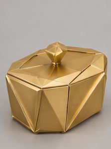 Boîte à fruits secs de luxe géométrique dorée, conteneur de rangement en métal à facettes polygonales pour dattes avec couvercle à bouton diamanté, cadeau d'entreprise en étain - Product Image 4