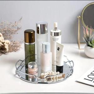 Luxury <b>Mirror</b> Tray Abstract Border Design Metal Trays For <b>Tabletop</b> Use Handicrafts Women's Cosmetic Organizer Fancy Tray Round - Product Image 2
