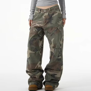 Vintage Denim Women's Loose Fit Mid Waist Summer Straight-leg Breathable Casual Streetwear Camouflage Cargo Jeans - Product Image 1