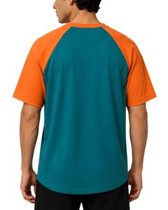 เสื้อยืดแร็กแลนสีเขียวอมฟ้าและสีส้มสำหรับผู้ชาย แขนสั้น คอกลม ผ้าฝ้ายลำลอง สตรีทแวร์แบบกำหนดเอง เสื้อคัลเลอร์บล็อก - Product Image 2