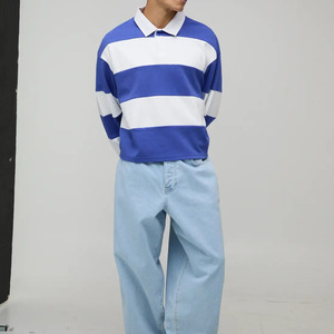 เสื้อโปโลถักลายทางสไตล์รักบี้แขนยาวไซส์ใหญ่สำหรับผู้ชายรุ่นใหม่ล่าสุด สีบลูไวท์ คอตตอน  ลำลอง - Product Image 4