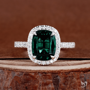Imperial Green Cushion Emerald Ring 2.50 Ct Halo Engagement Ring Lab Grown Emerald Diamond Halo 10k White Gold Ring - Product Image 1
