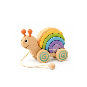 Juguete de caracol de madera para arrastrar con carcasa de arcoíris y ruedas rodantes para niños - Product Image 1