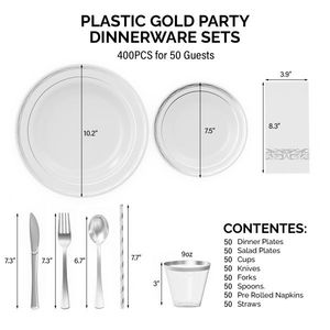 50 Sets <b>Disposable</b> Silver <b>Tableware</b> Including Flat Plastic Circular Size Plates Cups Knives Forks Tissues Straws-for Parties - Product Image 2