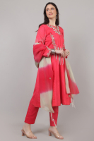Robe de soirée 3 pièces tendance ethnique pour femme, couleur rose, avec perles, broderies Dana, sequins et travail de perles.