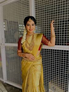 Sari indien traditionnel de luxe doré, richement brodé Zari, à séchage rapide, gaufré, pour mariage, mariée, plage, soirée, avec chemisier - Product Image 2