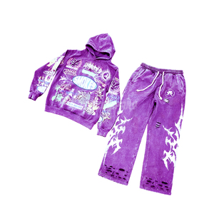 Ensemble sweat-shirt et pantalon de survêtement graphique violet pour homme, tenue streetwear 2 pièces - Product Image 2