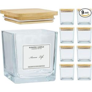 Lot de 9 pots à bougies carrés en verre épais Creahaus avec couvercles en bambou – Élégants porte-bougies et lanternes - Product Image 1