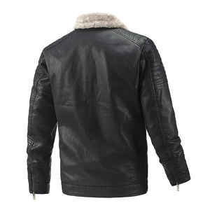 Blouson aviateur en cuir véritable pour homme avec col en fourrure, fermeture éclair, couleur unie, style motard, manteau d'hiver - Product Image 5