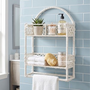 White Rattan Woven Rectangle Wall <b>Shelf</b> <b>Storage</b> <b>Basket</b> 2-Tier Hanging Bathroom Organizer Rack - Product Image 4