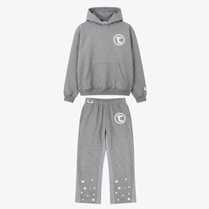 Ensemble de survêtement unisexe gris à capuche 100 % coton, couleur unie, décontracté, pour l'automne, avec imprimé étoile et logo frontal - Product Image 1