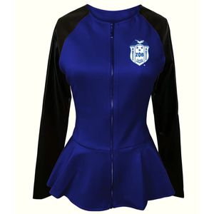 Chaqueta Peplum Zeta Phi Beta para Mujer, Azul Rey y Negro, con Cierre, Ajustada, Ropa de la Hermandad Griega, Prenda Exterior Elegante y a la Moda - Product Image 1