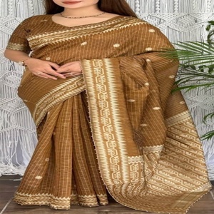 Sari en lin et coton de qualité supérieure avec motifs à carreaux et broderies Zari sur toute la surface et bordure tissée – Pallu Saree pour femme - Product Image 1
