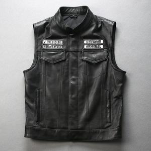 Gilet de motard en cuir véritable noir style club avec patchs, prêt à l'emploi, pour homme, OEM - Product Image 2