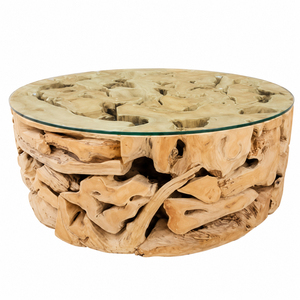 Mesa de Centro Aruna de Madera de Teca, Estilo Rústico, Teca Natural de Primera Calidad, Tapa Redonda de Vidrio, para Hotel, Villa, Sala de Estar, Venta al Por Mayor - Product Image 2