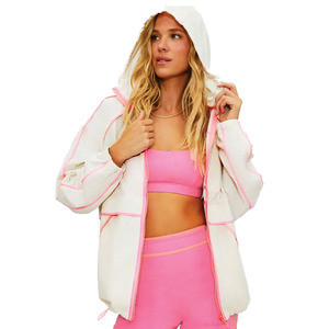 Custom Pink White Women’s <b>Lightweight</b> Hooded Windbreaker Quick Dry Outdoor Fitness Running Zip Up OEM Activewear Men's <b>Jackets</b> - Product Image 5
