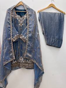 Designer Embroidery Sequence Work Fandy Silk <b>Top</b> With Farshi Bottom And Embroidery Sequence Work Dupatta Fully Stitched Set - Product Image 3