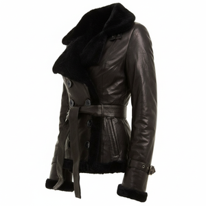 Veste en cuir de daim pour femme avec fourrure de renard, style Bellivera, doublure en sherpa, ceinture amovible, veste en cuir d'agneau véritable - Product Image 3