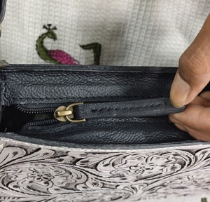 Vintage Genuine Leather Shoulder <b>Bag</b> Floral Embossed <b>Hand</b> Tooling Single Strap Zip Closure <b>White</b> And Black Women's Crossbody <b>Bag</b> - Product Image 3