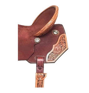 Selle de cheval Western en cuir brun rugueux à assise rigide, avec décorations florales et patchs, pour barrel racing, avec arceau en plastique, haute qualité, tailles 10"-18" - Product Image 3