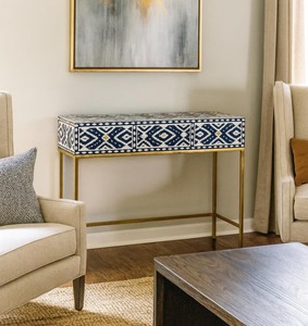 Bone Inlay <b>Console</b> <b>Table</b> With Geometric Pattern <b>Gold</b> Metal Frame Rectangular Entryway Decorative Furniture Indoor Use - Product Image 3