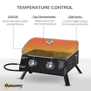 Griglia a Gas Propano Portatile a 2 Bruciatori con Gambe Pieghevoli e Termometro sul Coperchio, BBQ da Tavolo Nero per Campeggio - Product Image 4