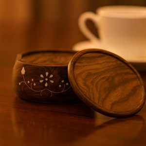 Wooden Lotus Coaster Set of 6 with Barrel Stand – Tea & Coffee <b>Table</b> Coasters (3.5 Inch), <b>Round</b> Drink Coasters with Holder - Product Image 2